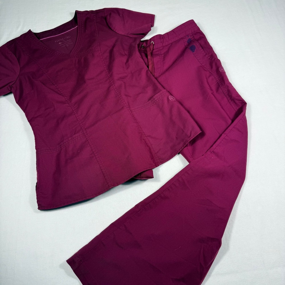 Healing Hands Purple Label Scrub Set XS Burgundy V-Neck Top Drawstring Pants